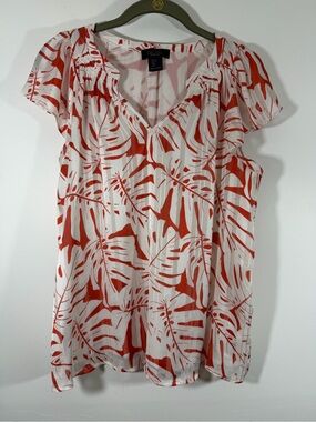 Rachel White Blouse with Red Tropical Leaf Print